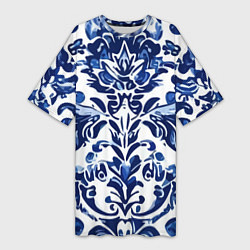 Футболка женская длинная Гжель русский узор акварель, цвет: 3D-принт