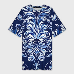 Женская длинная футболка Гжель русский орнамент королевский синий