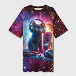 Футболка женская длинная Котёнок в наушниках с мышкой в космосе, цвет: 3D-принт