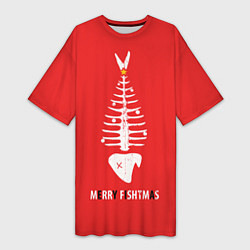 Футболка женская длинная Merry Christmas - skeleton fish, цвет: 3D-принт