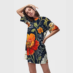 Футболка женская длинная Маки и пионы старинный паттерн, цвет: 3D-принт — фото 2