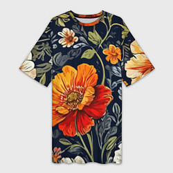 Женская длинная футболка Маки и пионы старинный паттерн