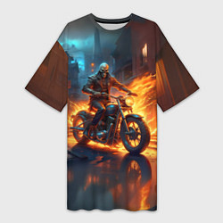 Футболка женская длинная Скелет байкер, цвет: 3D-принт