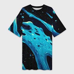 Женская длинная футболка Синие волны краски на черном