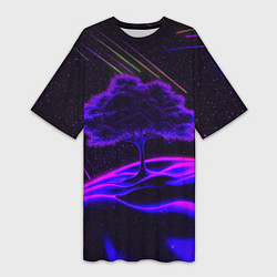 Футболка женская длинная Дерево и звездопад неоновый космос, цвет: 3D-принт