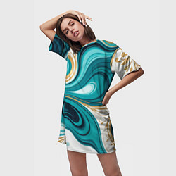 Футболка женская длинная Бирюза и золото, цвет: 3D-принт — фото 2