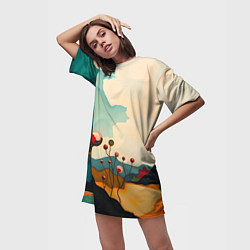 Футболка женская длинная Сюрреалистичный пейзаж с цветами, цвет: 3D-принт — фото 2