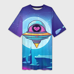 Футболка женская длинная Нло с сердечком внутри, цвет: 3D-принт