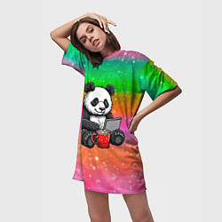 Футболка женская длинная Панда с кофе за ноутом, цвет: 3D-принт — фото 2