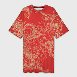 Футболка женская длинная Золотые драконы на красном, цвет: 3D-принт
