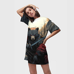 Футболка женская длинная Медведь самурай, цвет: 3D-принт — фото 2