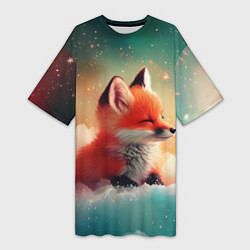 Футболка женская длинная Милый лисенок спит на облаке, цвет: 3D-принт