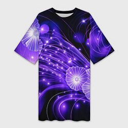 Женская длинная футболка Силуэты цветов на темном фоне - фиолетовое свечени