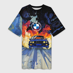 Футболка женская длинная Синяя БМВ за огнем, цвет: 3D-принт