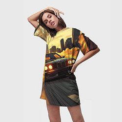 Футболка женская длинная БМВ на фоне заката, цвет: 3D-принт — фото 2