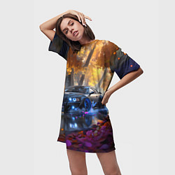 Футболка женская длинная BMW синие неоновые фары, цвет: 3D-принт — фото 2