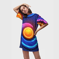 Футболка женская длинная Оранжевый круг и голубые линии текстура, цвет: 3D-принт — фото 2