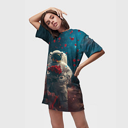 Футболка женская длинная Космонавт с букетом роз, цвет: 3D-принт — фото 2