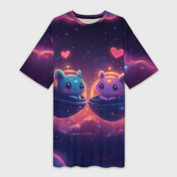 Футболка женская длинная Милые пришельцы в космосе, цвет: 3D-принт