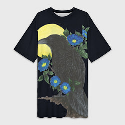 Футболка женская длинная Чёрный ворон на ветке среди синих цветов под луной, цвет: 3D-принт