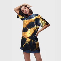 Футболка женская длинная Золотая текстура на синем, цвет: 3D-принт — фото 2