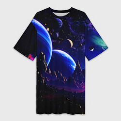Футболка женская длинная Фантастический космос тёмно-синий, цвет: 3D-принт