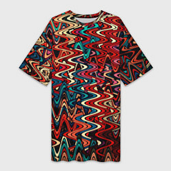 Футболка женская длинная Искажённые волнистые полосы красно-синий, цвет: 3D-принт