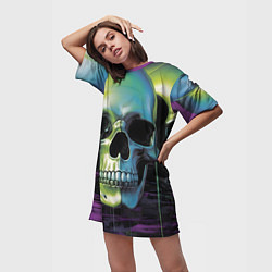 Футболка женская длинная Черепа отливающие неоном, цвет: 3D-принт — фото 2