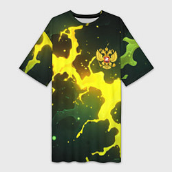 Футболка женская длинная Герб России зеленый разлом, цвет: 3D-принт