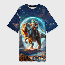 Футболка женская длинная Космонавт на тираннозавре - затерянная планета, цвет: 3D-принт