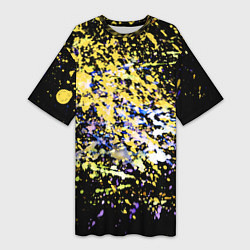 Футболка женская длинная Желто синяя краска на черном, цвет: 3D-принт