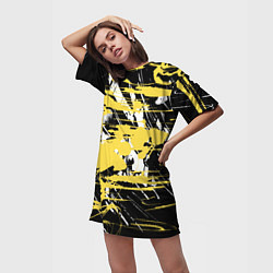 Футболка женская длинная Желтая краска на черном, цвет: 3D-принт — фото 2