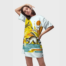 Футболка женская длинная Енот у реки любуется цветами, цвет: 3D-принт — фото 2