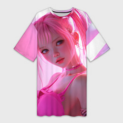 Футболка женская длинная Аниме девушка в розовом белье, цвет: 3D-принт