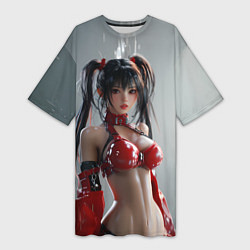 Футболка женская длинная Азиатская девушка в красном латексе, цвет: 3D-принт
