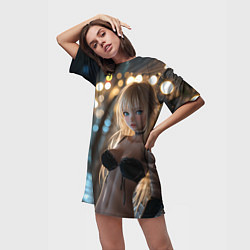 Футболка женская длинная Блондинка у стены с фонарями, цвет: 3D-принт — фото 2