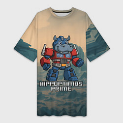 Футболка женская длинная Гиппоптимус Прайм - бегемот трансформер, цвет: 3D-принт