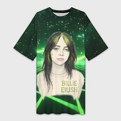 Футболка женская длинная Билли Айлиш нарисована с зелеными волосами, цвет: 3D-принт