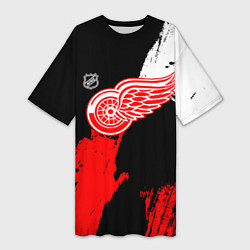 Футболка женская длинная Детройт Ред Уингз - брызги краска на черном фоне, цвет: 3D-принт