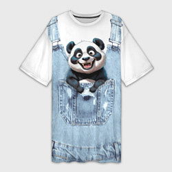 Футболка женская длинная Панда в кармашке комбинезона, цвет: 3D-принт