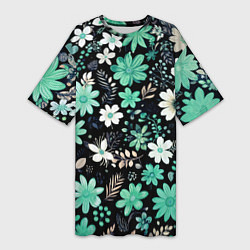 Футболка женская длинная Чёрный в зелёный цветочек стилизованный, цвет: 3D-принт