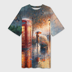 Футболка женская длинная Красная телефонная будка на набережной, цвет: 3D-принт