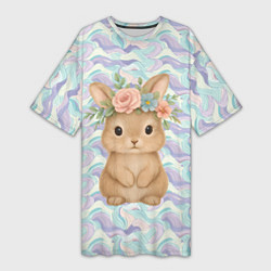 Футболка женская длинная Зайчик с венком из цветов на голове, цвет: 3D-принт