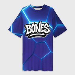 Футболка женская длинная Bones белое лого на синих плитах, цвет: 3D-принт