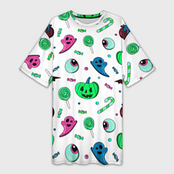 Женская длинная футболка Halloween light green pumpkin - паттерн