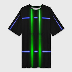 Женская длинная футболка Neon black light blue green line