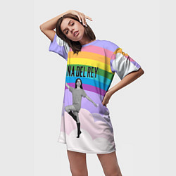 Футболка женская длинная Lana Del Rey на фоне радуги, цвет: 3D-принт — фото 2