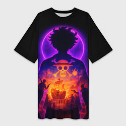 Женская длинная футболка Ванпис - неоновый Луффи