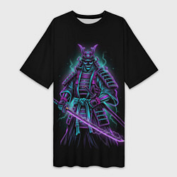 Футболка женская длинная Неоновый электросамурай, цвет: 3D-принт