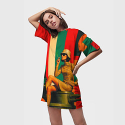 Футболка женская длинная Милитари девушка на оружейной башне ретрофутуризм, цвет: 3D-принт — фото 2